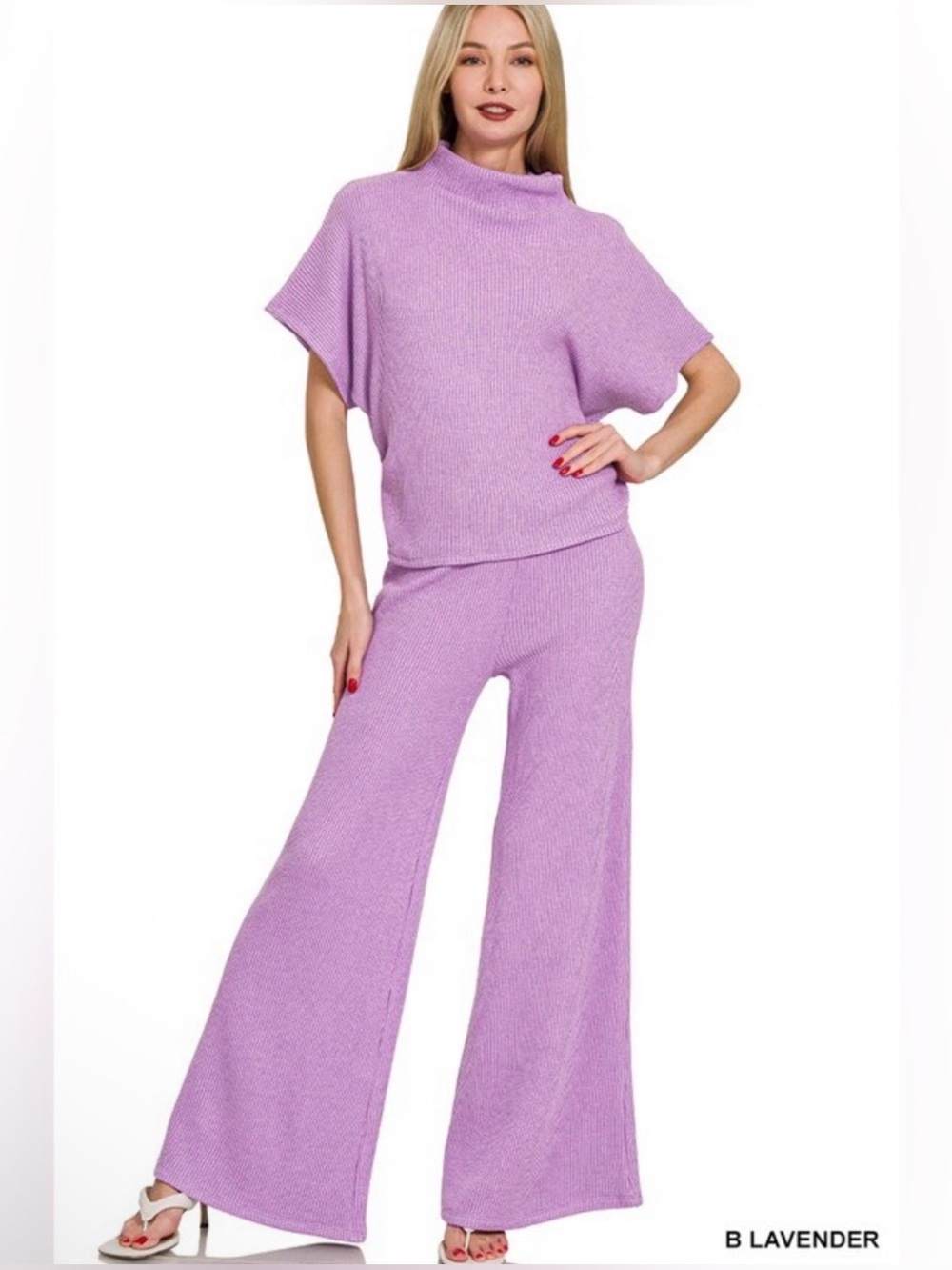 💜 New! Zenana Lavender Mock Neck, Wide-Leg Knit 2-Piece Sweater Pant Set